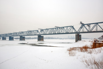 Railway bridge over the Ob river. Novosibirsk, Russia