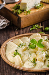 Cheese gnocchi with blue cheese sauce and galic