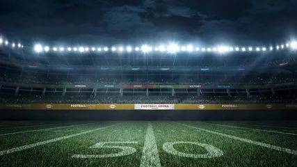 Fotobehang empty football stadium in light rays at night 3d rendering © masisyan