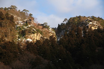 Yamadera mountains view with snow in Japan