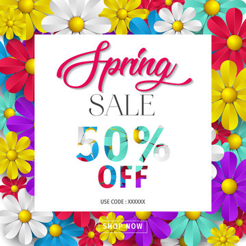 Spring sale up to 50% off background with beautiful colorful flower. Vector illustration. Wallpaper. flyers, posters, brochure, voucher discount. Spring sale banner for online shopping.