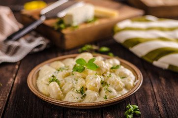 Cheese gnocchi with blue cheese sauce and galic