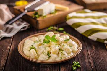 Cheese gnocchi with blue cheese sauce and galic - obrazy, fototapety, plakaty