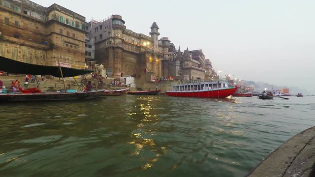 Varanasi Ghats, Diwali Festival, Ganges River and Boats, Uttar Pradesh, India, Real Time, 4k
