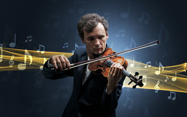 Musician playing on violin with notes around