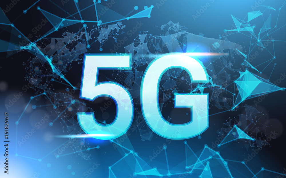 Poster 5g internet connection speed sign over futuristic low poly mesh wireframe on blue background vector 