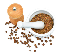 Kitchen equipment for grinding spices isolated on a white background. Flat lay,top view. Free space for text.