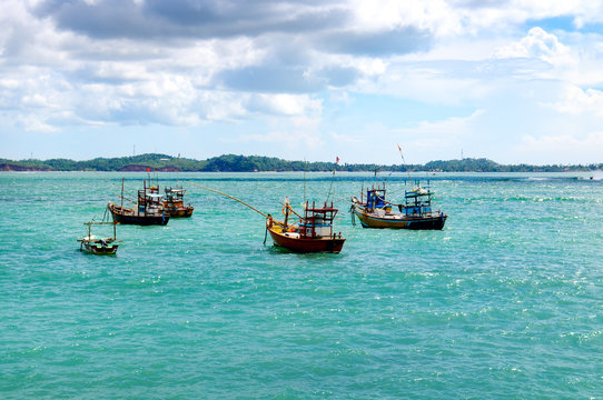 Beautiful seascape with fishing boats on the water.