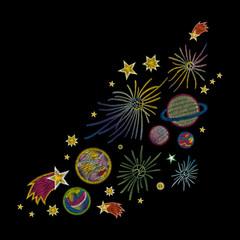 Space, stars, planets. Traditional folk stylish stylish embroidery stitch on a black background. Sketch for printing on clothing, fabric, bag, accessories and design. vector