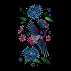 Crane bird, flowers, rose, rose-hip, plant. Traditional folk stylish stylish embroidery on the black background. Sketch for printing on clothing, fabric, bag, accessories and design. Vector, trend