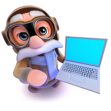 3d Funny cartoon airline pilot character holding a laptop pc computer