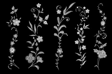  white lace. Traditional folk flower fashionable embroidery on the black background. A bouquet of roses and a dog rose, for printing on clothes, vector - obrazy, fototapety, plakaty