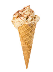 Creme brulee ice cream with chocolate chips in waffle cone