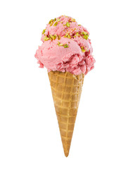 Strawberry ice cream with nuts in waffle cone