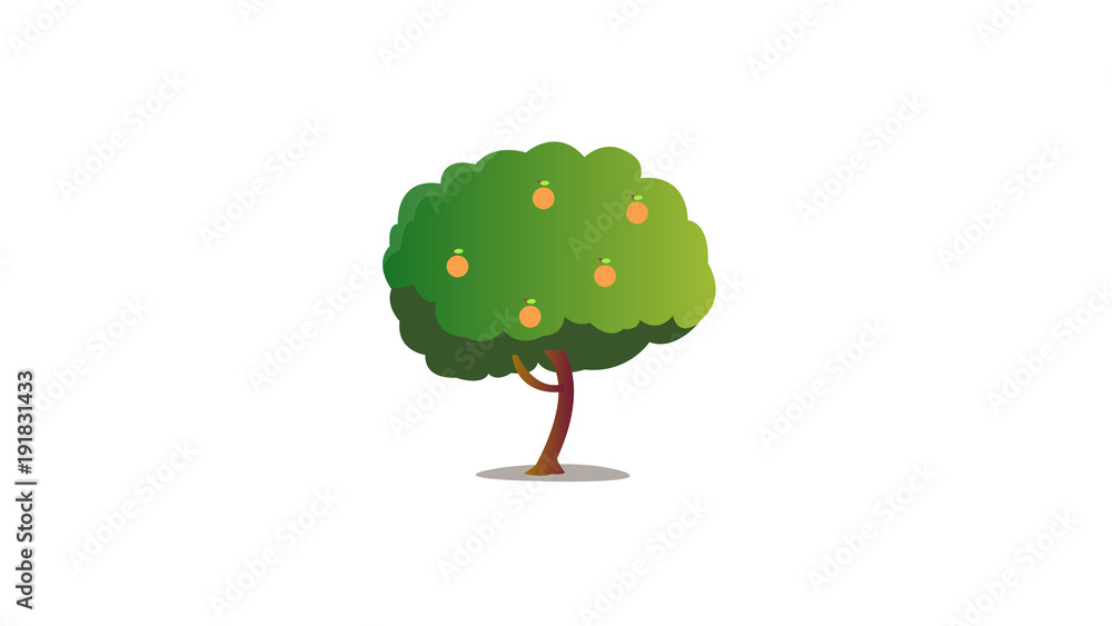 Poster cartoon orange tree with isolated white background vector.fresh tree.nature object on white