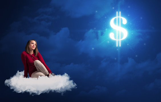 Woman sitting on cloud with cash sign