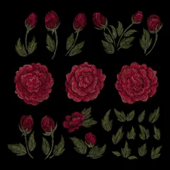 Gardinen Traditional folk flower fashionable embroidery on the black background. A bouquet of roses and a dog rose, for printing on clothes, vector © chikovnaya