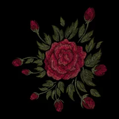 Rolgordijnen Traditional folk flower fashionable embroidery on the black background. A bouquet of roses and a dog rose, for printing on clothes, vector © chikovnaya