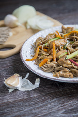 asian soba noodle and chiken teriyaki