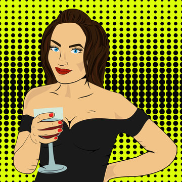 Pop art, girl with a glass in a dress, vector