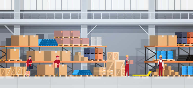 Warehouse Interior Box On Rack And People Working. Logistic Delivery Service Concept Flat Vector Illustration