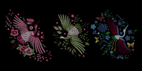 Crane bird, flowers, rose, rose-hip, plant. Traditional folk stylish stylish embroidery on the black background. Sketch for printing on clothing, fabric, bag, accessories and design. Vector, trend