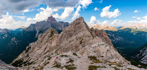 Panorama of mountain ridge of the Vecio del Forame, with the beautiful Croda Rossa Peak in the background, Cortina d'Ampezzo, Dolomites, Italy
