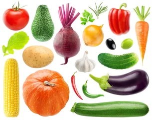 Abwaschbare Fototapete Gemüse Isolierte Sammlung von 20 Gemüse und Kräutern. Tomaten, Kartoffeln, Rüben, Zwiebeln, Paprika, Gurken, Karotten, Mais, Kürbis, Auberginen, Zucchini, Salat usw. isoliert auf weißem Hintergrund mit Beschneidungspfad