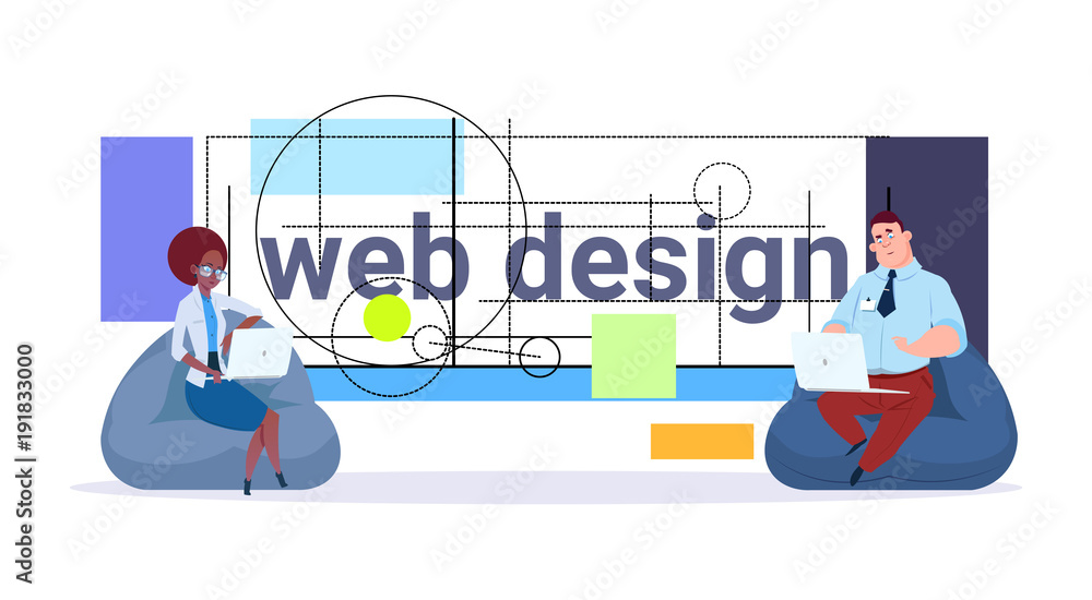 Poster web designers team working and programming modern business project graphic design developers concept