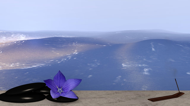 lila Blüte, Bimssteine und Räucherstäbchen auf Sandstrand vor der Weite des Meeres. 3d render