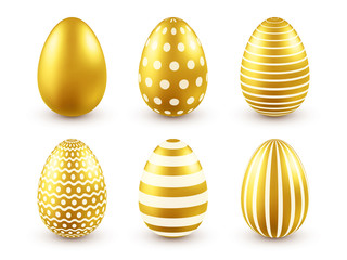 Easter golden egg. Traditional spring holidays in April or March. Sunday. Eggs and gold.Big set