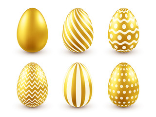 Easter golden egg. Traditional spring holidays in April or March. Sunday. Eggs and gold.Big set