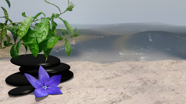 lila Blüte, Orangenbaum und Bimssteine auf Sandstrand vor der Weite des Meeres. 3d render