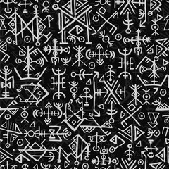 Futhark norse islandic and viking symbol seamless pattern. Magic hand draw symbols as scripted talismans repeatable background. ancient Iceland seamless. Ethnic norse viking pattern design.