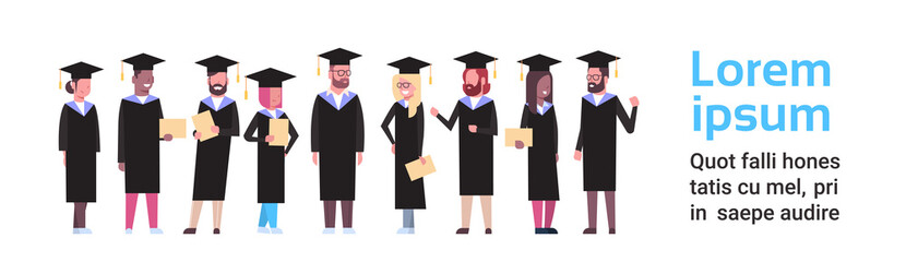 Group Of Diverse Students In Graduation Cap And Gown Hold Diploma Full Length Over White Background Horizontal Banner Flat Vector Illustration