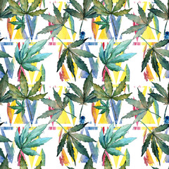 Cannabis leaves pattern in a watercolor style. Aquarelle wild leaf for background, texture, wrapper pattern, frame or border.