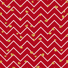 Gold heart seamless pattern. Red-white geometric zig zag, golden confetti-hearts. Symbol of love, Valentine day holiday. Design wallpaper, background, fabric texture. Vector illustration