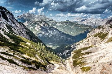 Panorama of Pra della Vecia Valley with south tyrol dolomites background, Cortina d'Ampezzo, Dolomites, Italy