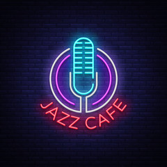 Jazz cafe is a neon sign. Symbol, neon-style logo, bright night banner, luminous advertising on Jazz music for Jazz cafe, restaurant, bar, party, concert. Design template. Vector illustration