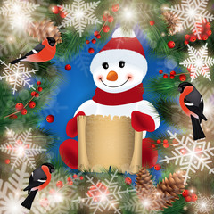 Snowman with festive winter background
