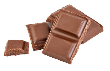 Milk chocolate pieces isolated on white background.
