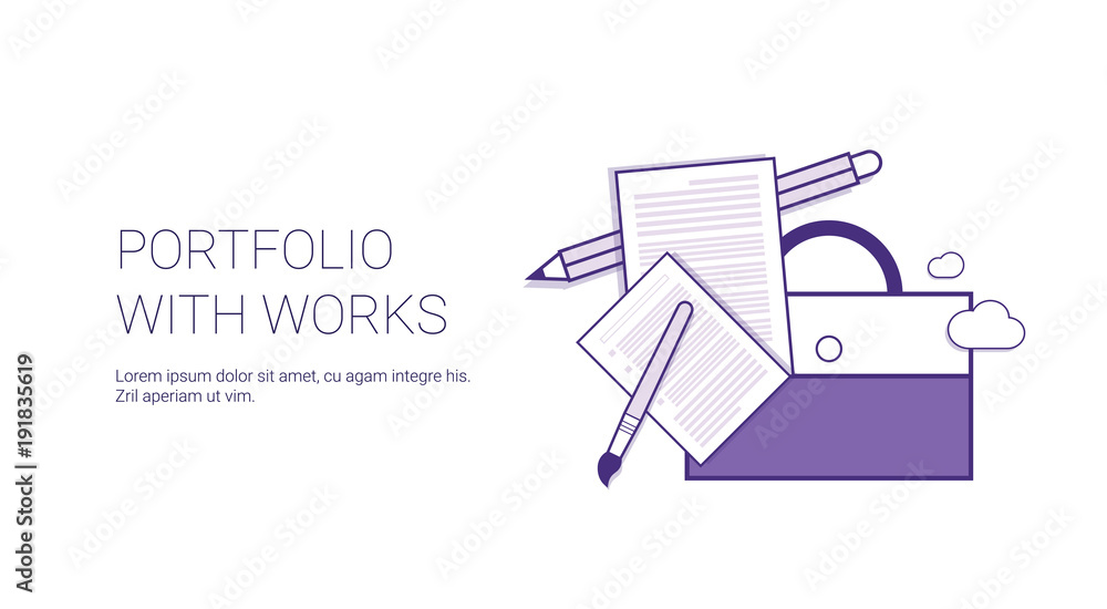 Poster portfolio with works business web banner template with copy space thin line vector illustration