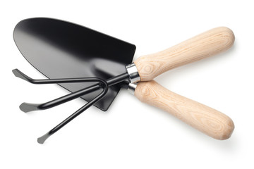 Garden Shovel and Rake Isolated on White Background