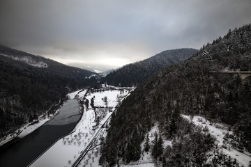 Mountain winter scenery, view from Bicaz dam in Romania