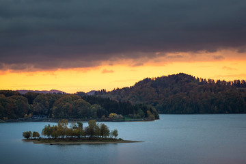 Dawn over the island on the Solina lake in Polanczyk, Bieszczady, Poland