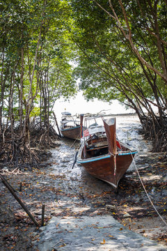 Long boat and tropical beach in island Railay Krabi.