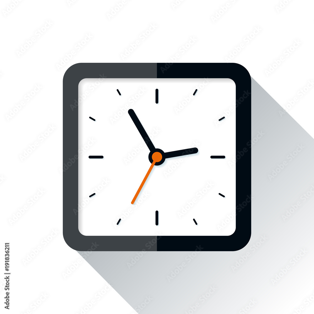 Poster squre clock icon in flat style, square timer on white background. business watch. vector design elem