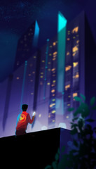 a man sitting on terrace and using smartphone agains many colorful light in building, digital art illustration painting.