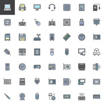 Computer components filled outline icons set, line vector symbol collection, linear colorful pictogram pack. Signs, logo illustration, Set includes icons as laptop, hardware, monitor, mouse, keyboard
