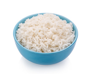 rice in blue bowl on white background